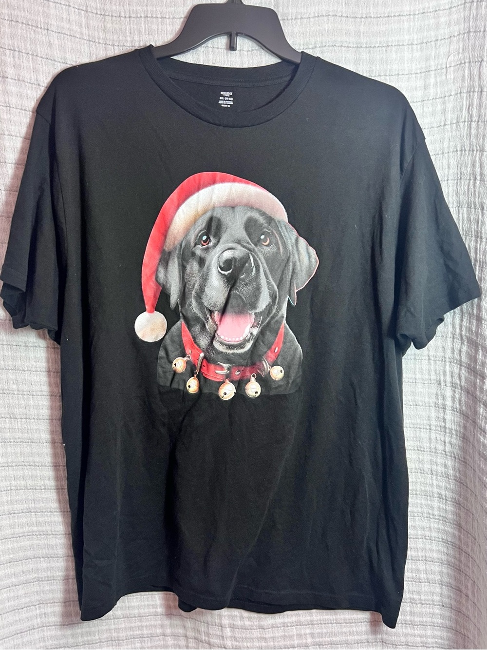 Holiday Time Black Dog Graphic Tee with Red Santa Hat